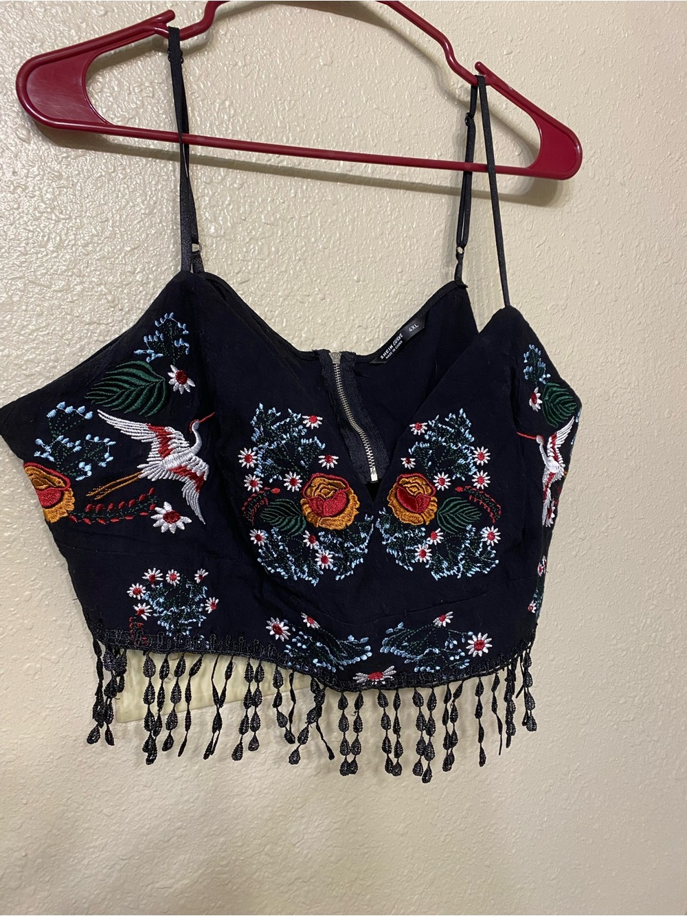Embroidered Black Floral Fringe Crop Top
